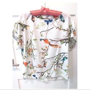 Oversized Bird Floral Print Blouse Top SZ S